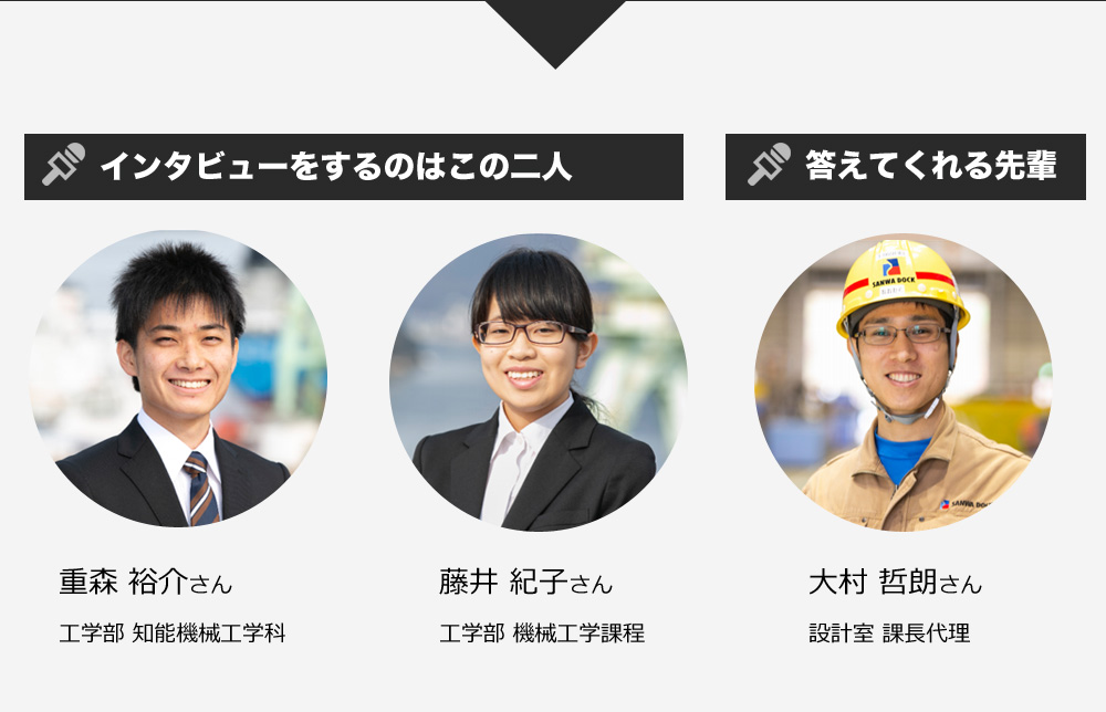 インタビューをするのはこの2人 答えてくれる先輩 重森 裕介さん 藤井 紀子さん 大村 哲朗さん